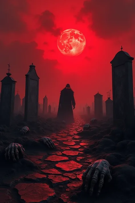 A desolate graveyard under a blood-red sky. Cracked tombstones are scattered unevenly, and skeletal hands protrude from the ground. A dark figure with glowing red eyes watches from the shadows.