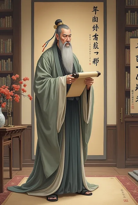  A painting painted with brush and paints , a gray-haired man with a Hanfu beard, a scroll in his hands , , stands in a beautiful library furnished in traditional Chinese style