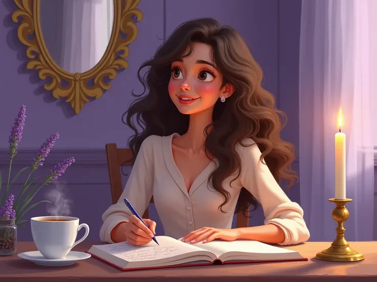 An animated woman with long curly hair sits at the table, her hands resting near an open journal filled with thoughtful writing. A steaming cup of herbal tea and a lavender-scented candle glow softly beside her. The lilac walls and a gold-framed mirror ref...