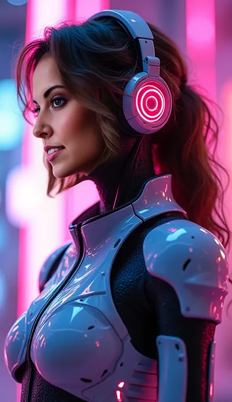 Young Japanese woman with brown waved hairs, neon skeleton glassy humanoid suit , open sky neon lights in a future world full of neon shields amd reclames, neon headset and skeletal mask, full body view