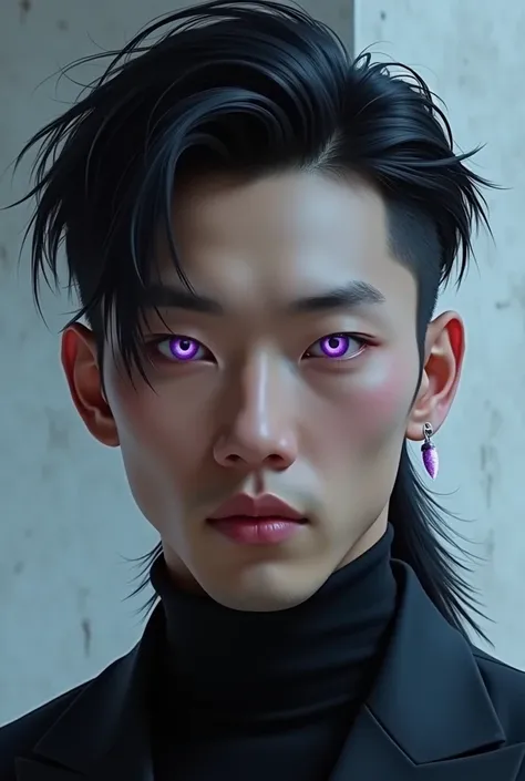 Man have a purple eye, his hairstyle was mullet and asian face
