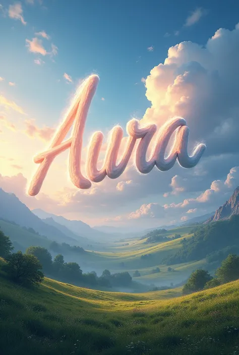 create a beautiful landscape in 8 k with clouds forming the name AURA