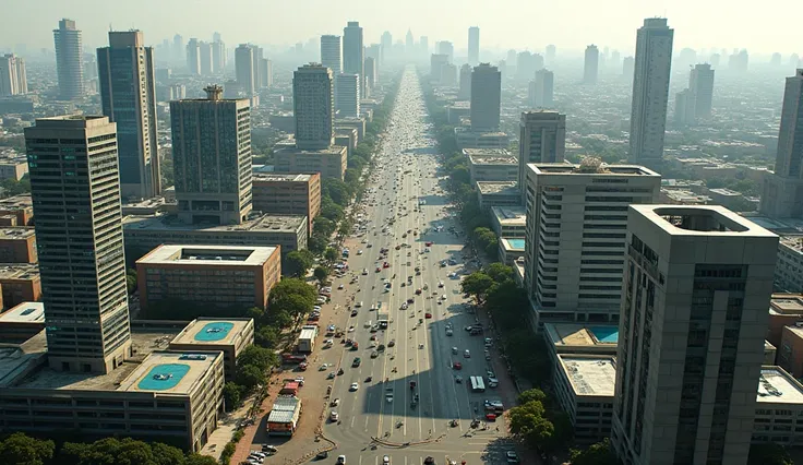 A bustling aerial view of Lagos, Nigeria, highlighting the Yaba district with modern tech buildings and a vibrant cityscape under a bright sky.