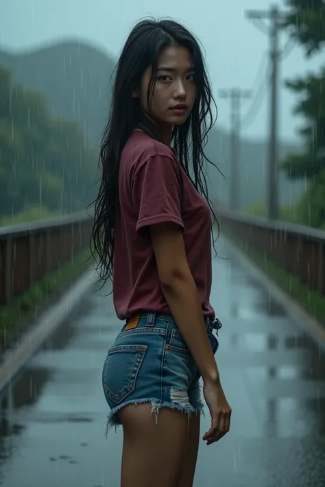 Beautiful Korean woman with long hair unraveled young maroon color wears t-shirt shorts jeans short casual shoes medium in guyur torrential rain on the road near the bridge all her body is wet 