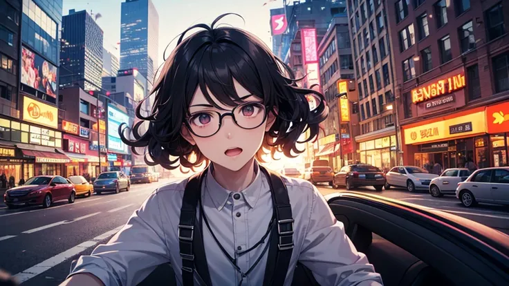 A dynamic anime-style illustration of a young man with curly hair and glasses, driving a car through an urban city. The scene is vibrant and energetic, with tall skyscrapers, neon lights, and bustling streets creating a lively atmosphere. The focus is on t...