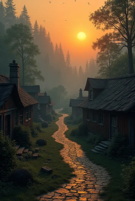 A small, forgotten village bathed in the warm glow of the setting sun. Cobblestone streets wind between weathered cottages with thatched roofs, surrounded by thick, dark forest. The air feels heavy, and the village is eerily silent.