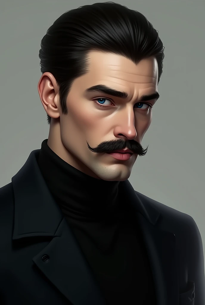  Stylish man with blue eyes dressed in black, Short black hair styled back  , moustache 