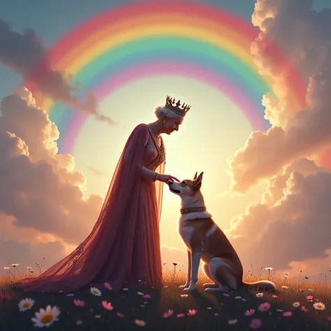 an elderly Queen Elizabeth stands on a rainbow and strokes his dog sitting next to him on a rainbow,(rainbow in the sky )