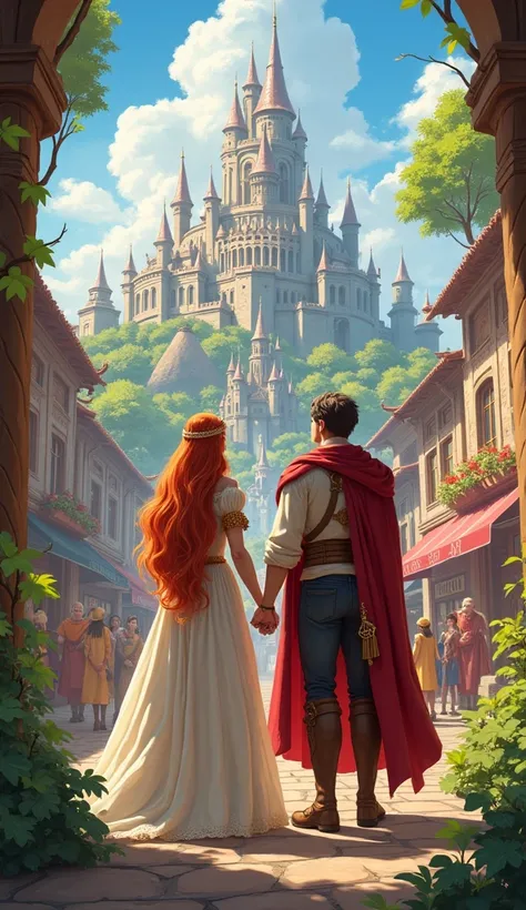  
The princess and the woodcarver, now dressed as royalty, stand together in front of a vibrant kingdom. Aria’s hair flows beautifully behind her, no longer