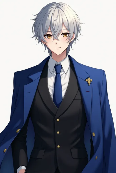 Anime boy in his early 20s with silver hair, pale white skin, and hazel eyes. He wears a black three piece suit, mixed with a royal blue overcoat and tie.