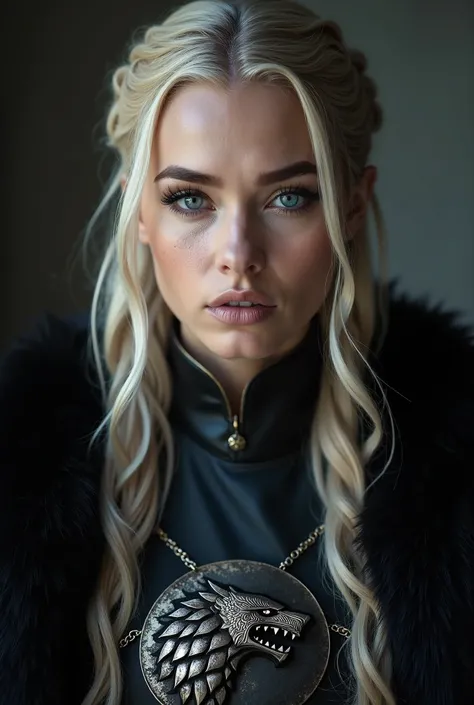  ultra-realistic photography,Model,woman.sexy.dark blonde .  blue-eyed member of the Stark family Game of Thrones, Wolfs emblem on the chest  