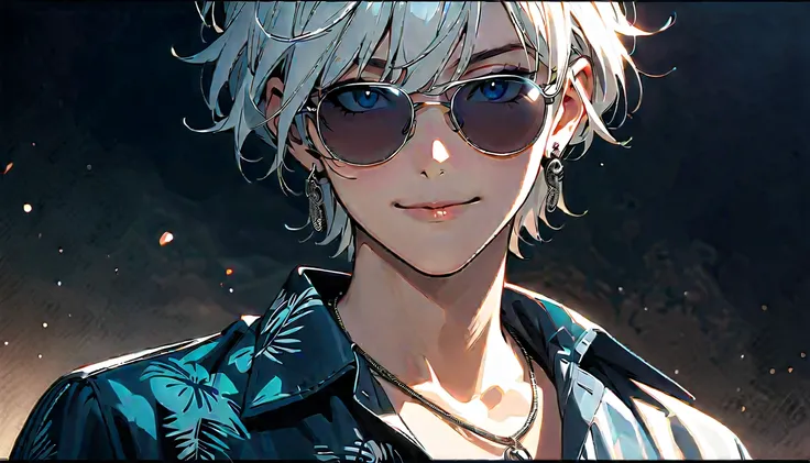 FF,(masterpiece:1.2),best quality,highres,extremely detailed CG,perfect lighting,8k wallpaper,anime,comic,game CG,solo,1boy,male focus,jewelry,solo,white hair,necklace,blue eyes,sunglasses,earrings,shirt,portrait,short hair,black background,collared shirt,...