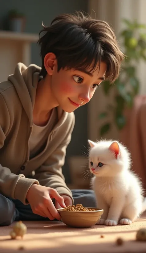  A young man with messy hair give food bowl to white kitten standing in floor of living room 

