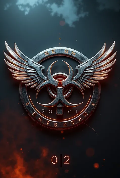 3D futuristic winged biohazard logo says LASKAR 02 gold silver blue black red background fire blue