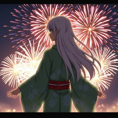  long hair, green yukata, back view, high definition , The background is fireworks