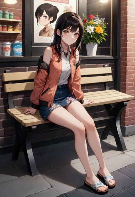 young woman, sitting posed on wooden bench, brick wall shop store, {swept-side bang, black shoulder-length hair}, {peach long sleeves winter jacket, beige sleeveless collared shirt (+floral pattern), dark-blue denim skort, sneaker sandals}, BREAK, (1girl, ...