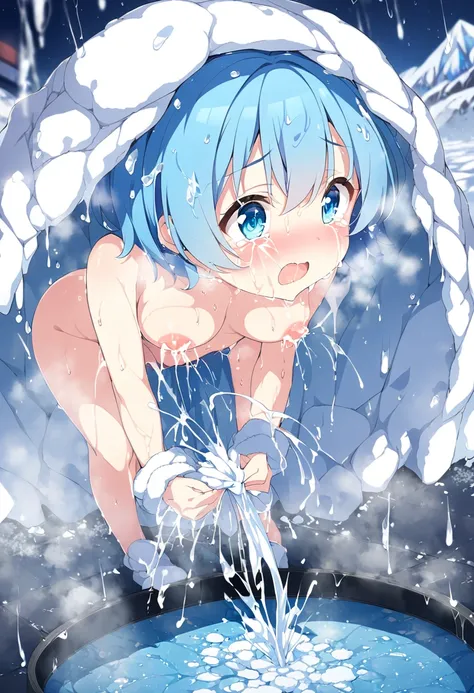 harumiyatsugumi, (Girl Friend Beta) blue eyes, short hair, blue hair, , large breasts, live stage, solo .nsfw, Heavy snowfall area, frozen, (Sweating profusely, Love juice, Wet Woman, female ), crying, mountain, Alone, nude, Naked, solo, 1girl, Peeing, lac...