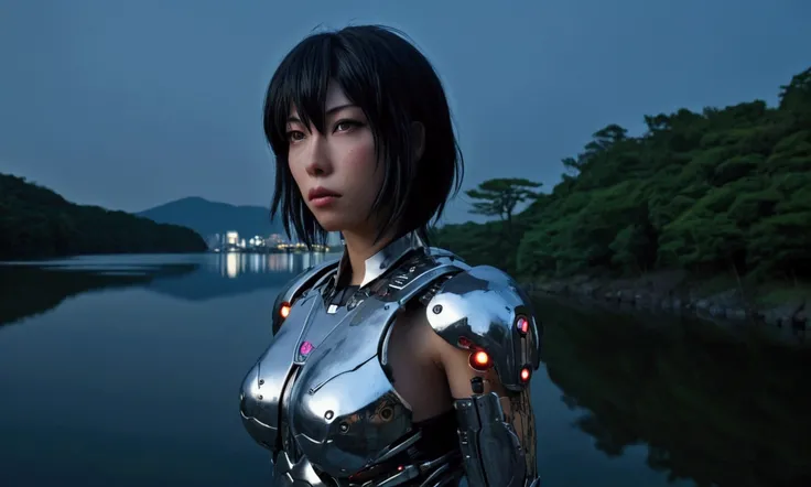 cyberpunk, mecha, cyborg, Motoko Kusanagi, female protagonist, cyborg female warrior, detailed cybernetic body, hyper realistic, hyper detailed, extremely detailed face, intense battle damage, right side of face ripped off, right arm busted gone below elbo...