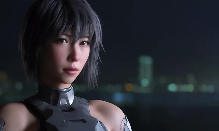 cyberpunk, mecha, cyborg, Motoko Kusanagi, female protagonist, cyborg female warrior, detailed cybernetic body, hyper realistic, hyper detailed, extremely detailed face, intense battle damage, right side of face ripped off, right arm busted gone below elbo...