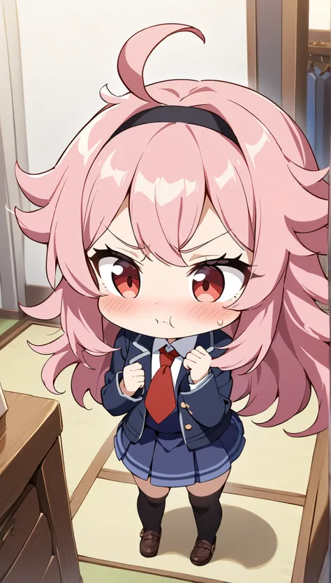 a cute angry girl, blush, puff up ones cheeks, standing, cute, round eyes, pretty, red necktie, brown shoes, small girl, indigo school uniform jacket, white school uniform shirt, floating hair, indigo school uniform skirt, very messy hair, ahoge, pink hair...