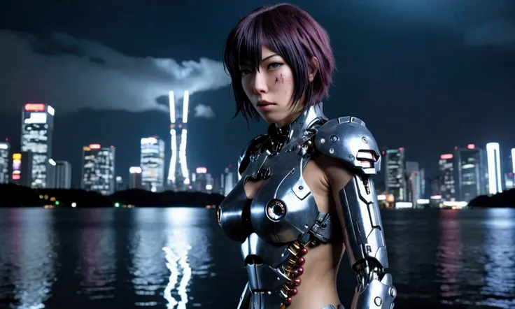 cyberpunk, mecha, cyborg, Motoko Kusanagi, female protagonist, cyborg female warrior, detailed cybernetic body, hyper realistic, hyper detailed, extremely detailed face, intense battle damage, right side of face ripped off, right arm busted gone below elbo...