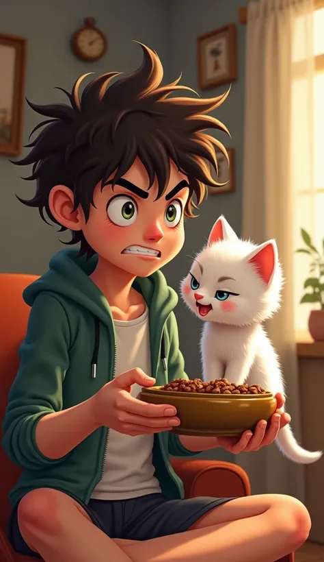  A young man with messy hair make clever and greedy  and little bit angry face and give food bowl to white kitten standing in floor of living room 

