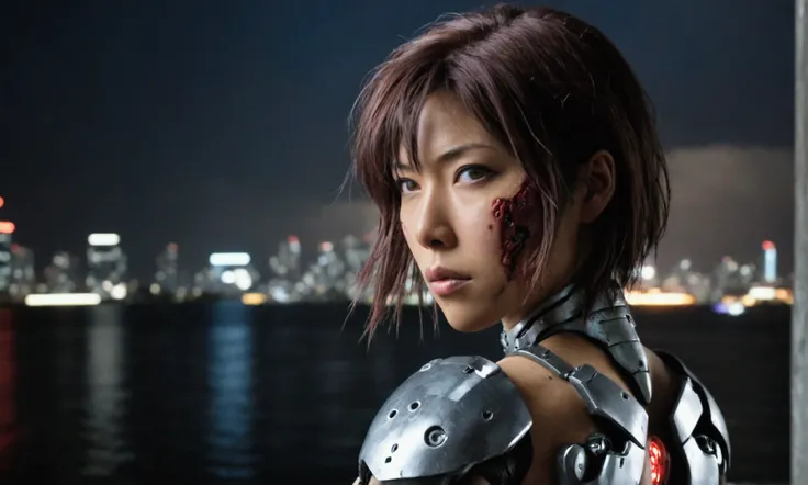 cyberpunk, mecha, cyborg, Motoko Kusanagi, female protagonist, cyborg female warrior, detailed cybernetic body, hyper realistic, hyper detailed, extremely detailed face, intense battle damage, right side of face ripped off, right arm busted gone below elbo...