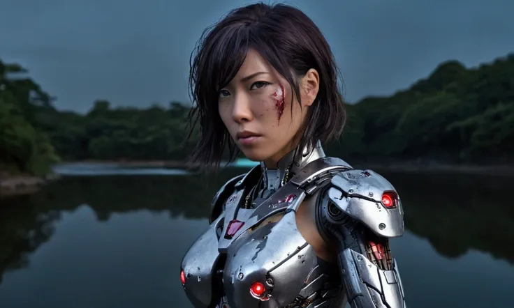 cyberpunk, mecha, cyborg, Motoko Kusanagi, female protagonist, cyborg female warrior, detailed cybernetic body, hyper realistic, hyper detailed, extremely detailed face, intense battle damage, right side of face ripped off, right arm busted gone below elbo...