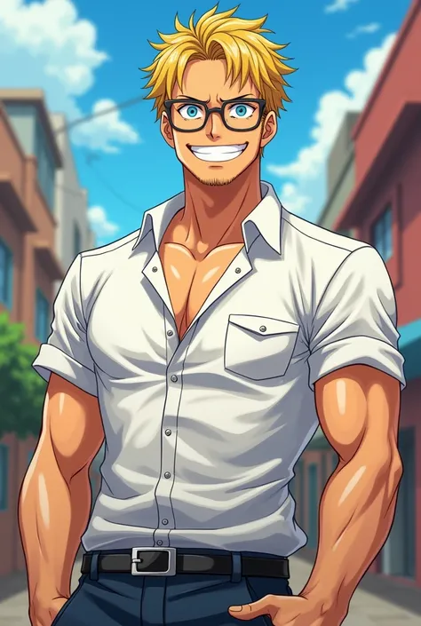  A young man with short blond hair and a three-day beard.  He is muscular and attractive .  He wears glasses and has beautiful blue eyes . He smiles broadly and wears a white shirt. In the style of the anime : One Piece