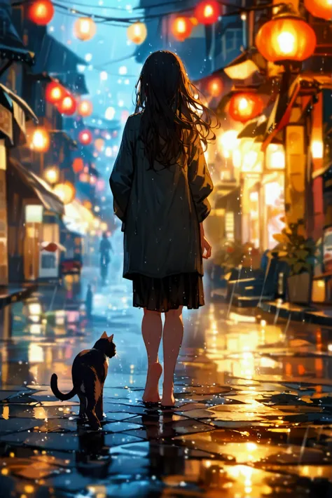 A woman walking barefoot on a dark,rainy night street,close-up of her wet feet,with a cat walking alongside her,reflections of street lights on the wet pavement,gloomy atmosphere,intricate details of raindrops