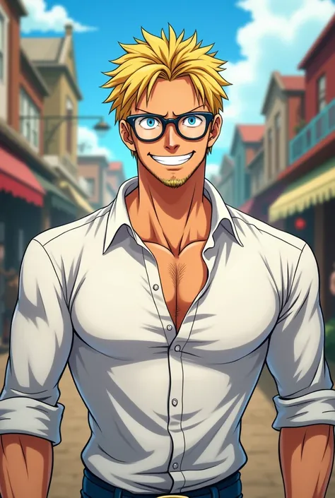  A young man with short blond hair and a three-day beard.  He is muscular and attractive .  He wears glasses and has beautiful blue eyes . He smiles broadly and wears a white shirt. In the style of the anime : One Piece