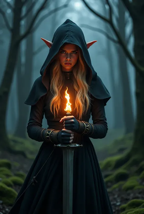 1girl, wearing hood, black scenery, blonde long hair, background the forest at night, holding burning blade, elf ear, from fromt, close up