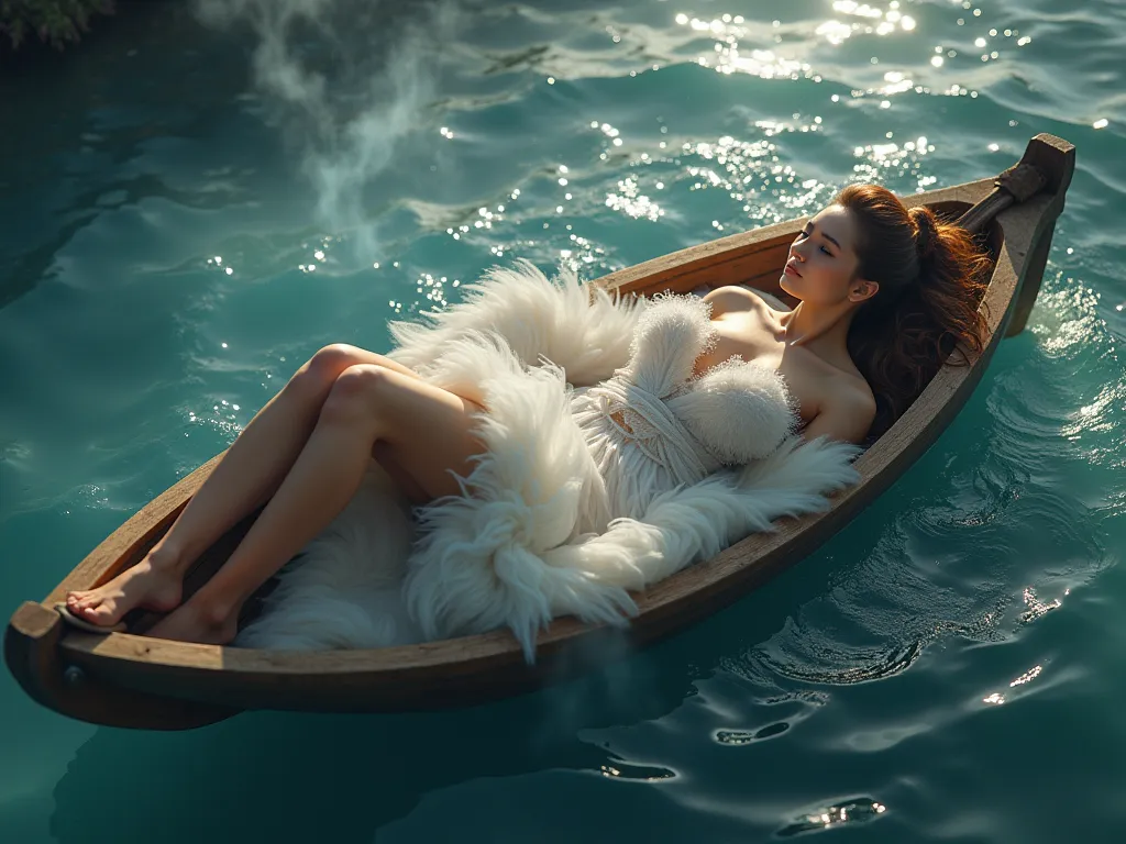 photorealistic of a stunningly beautiful goddess floating on a wooden boat wrapped in tulle blanket bare skin, lying back stance...