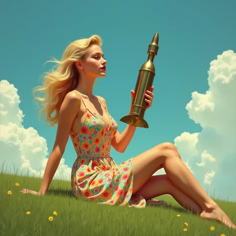 Beautiful woman with a blonde hair wearing a sun dress sitting sideways on the grass holding a nuclear bomb with her legs stretch out in the style of 1950s nuclear family painting