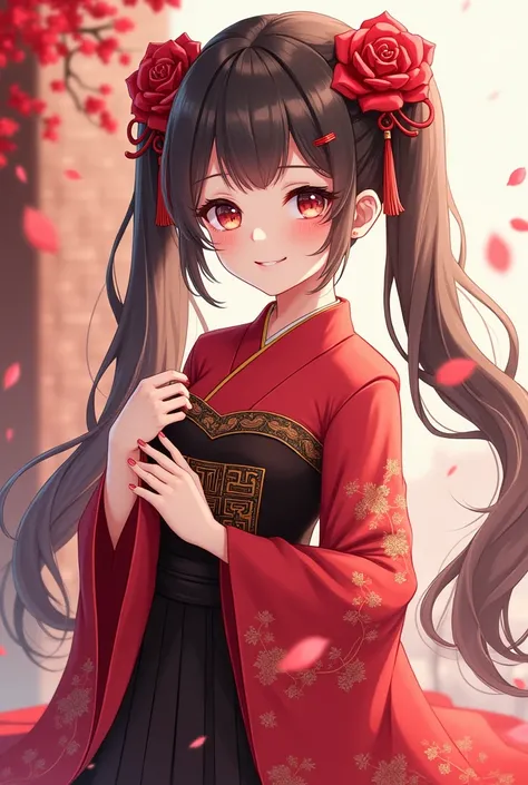 anime girl in a red and black dress with red flowers in her hair, artwork in the style of guvaiz, guvaiz, chinese girl, trending at CGSTATION, cute anime waifu in a beautiful dress, guvaiz on pixiv artstation, Palace ， hanfu girl ,  beautiful digital graph...