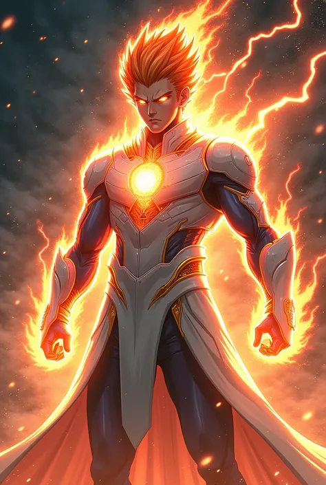 Sky Ether, a celestial superhuman, close up shot of a fierce looking man with molten spiky hair blazing like fire, fiery glowing red eyes, and sharp angular features. Clad in a sleek futuristic white armor with glowing golden circuitry, veins of energy rad...