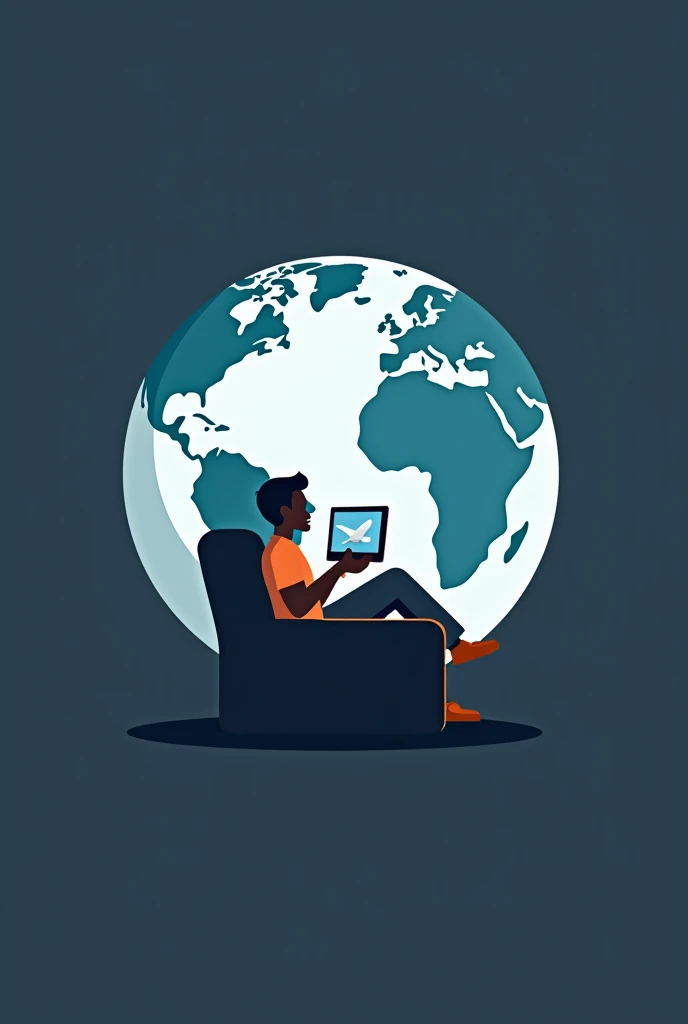 Create a minimalist logo of a traveler resting on a couch, watching TV, encapsulated within a globe. Use clean, simple shapes and lines to emphasize traveling from home in the most minimal way possible.