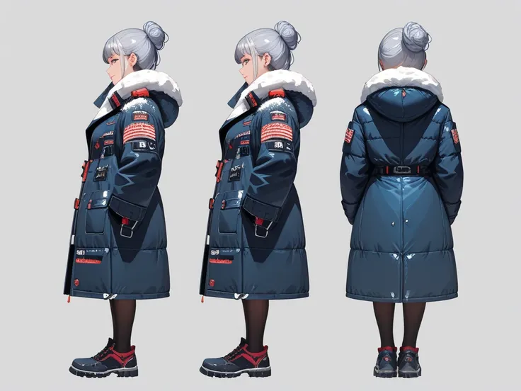 ((Three-sided view , frontal, Side view,  Seen from behind , Multiple view , many parts)), Concept Art, character Concept Art,  character 시트, whole body, illustration, ( simple background,  gray background)  Modern , 1 woman,  character, muffler, winter, W...