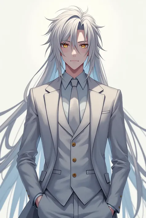 A silver haired anime boy, with pale white skin, and golden-silver eyes, dressed in a silver three-piece suit 