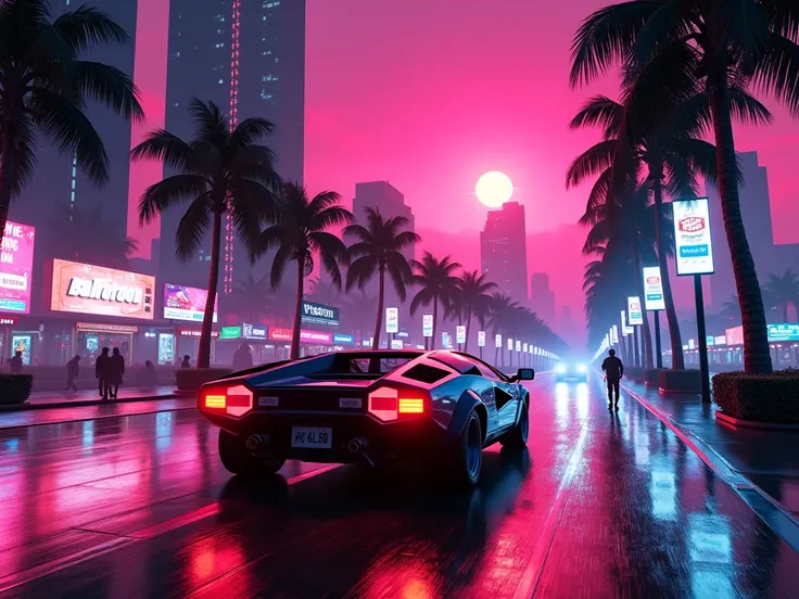 Create a stunning, 80s-inspired synthwave scene with vibrant Vice City vibes, influenced by GTA aesthetics. The setting should showcase a neon-lit tropical city at night, featuring a vivid magenta and orange gradient sky. Towering skyscrapers with glowing ...