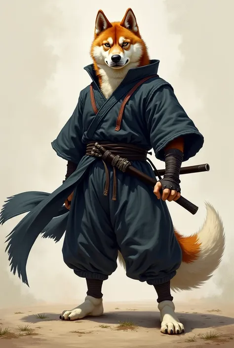 Akita dog、 in the form of a ninja、 standing