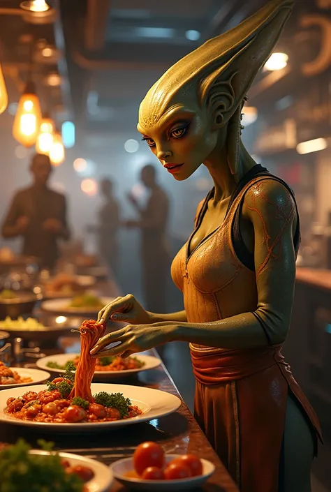 Star Wars alien woman preparing food in a restaurant