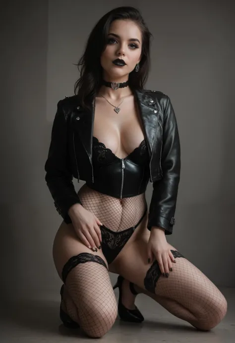 a goth girl, extremely detailed face, beautiful detailed eyes, beautiful detailed lips, long eyelashes, detailed skin texture, black lipstick, pale skin, choker necklace, black leather jacket, fishnets, high heels, full-body, realistic photo, dramatic ligh...