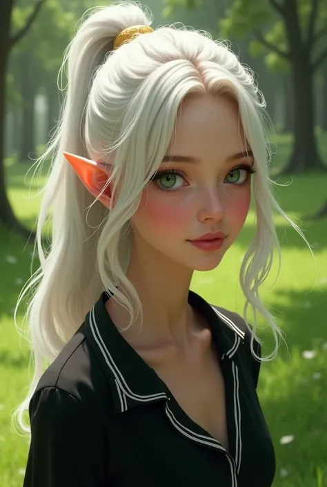 1girl, white hair, wearing black shirt and white strip, green eyes, elf ear, background in the green ground, smiling, horse pony tail hairstyle, realistic, european face,