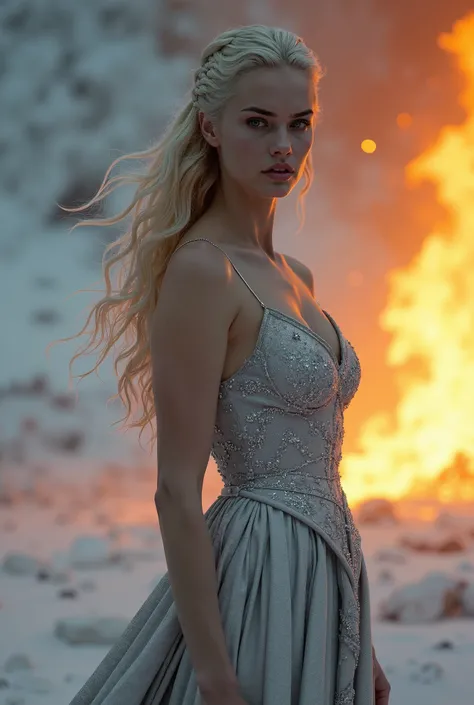  ultra-realistic photography,  A Charlize Theron in a silver dress stands in front of a fire,   characterization of yourself  ,   Daenerys Targaryen,   Film recording of the Goddesss body  , From the Thrones  , fantasy photoshoot,   cinematographic goddess...