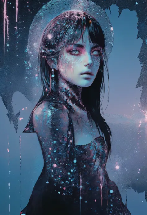  Nova Chroma Style Glitter,Split Composition ,  very beautiful girl 、The mental world of a mentally ill person 、Abstract、 real illustration 、Contemporary Art,  high detail, Realistic shadows,  Color Difference,  surrealism 、  Complementary Gradients 、Melan...