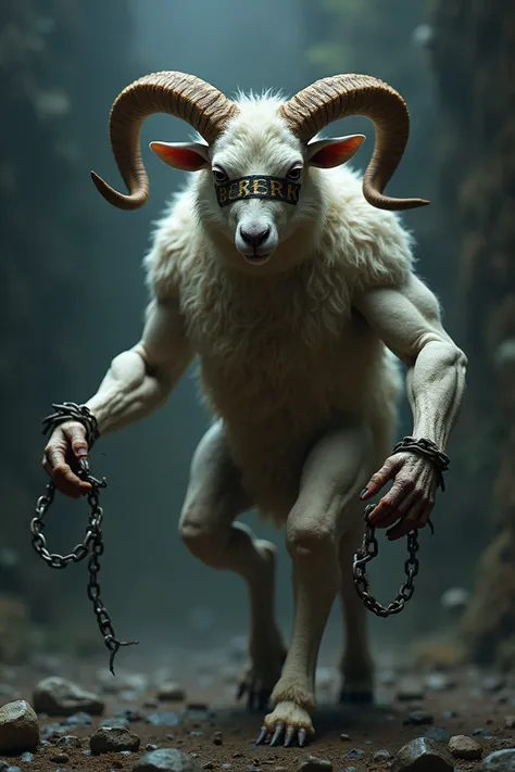 A humanoid lamb that had broken chains on his wrist, one broken horn and had bandages around his eyes that has the berserk symbol of a sacrifice on it