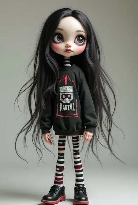 fun doll ,  divided into loose parts Tim Burtom style, with long hair in 2d printed on a sweatshirt