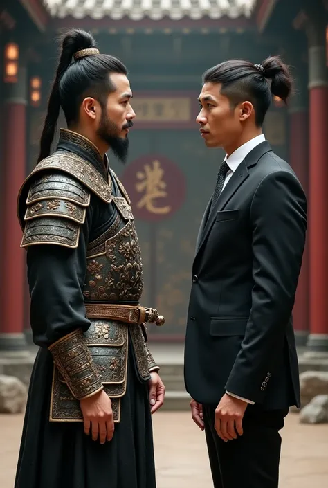 A high-quality depiction of two Asian men standing face-to-face, both looking at each other in surprise. One man is dressed in traditional ancient Chinese attire, wearing a full-body armor adorned with intricate and elegant accessories. The other man is dr...