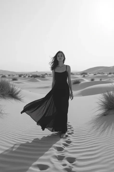 Woman grazing in the desert in black and white slide image